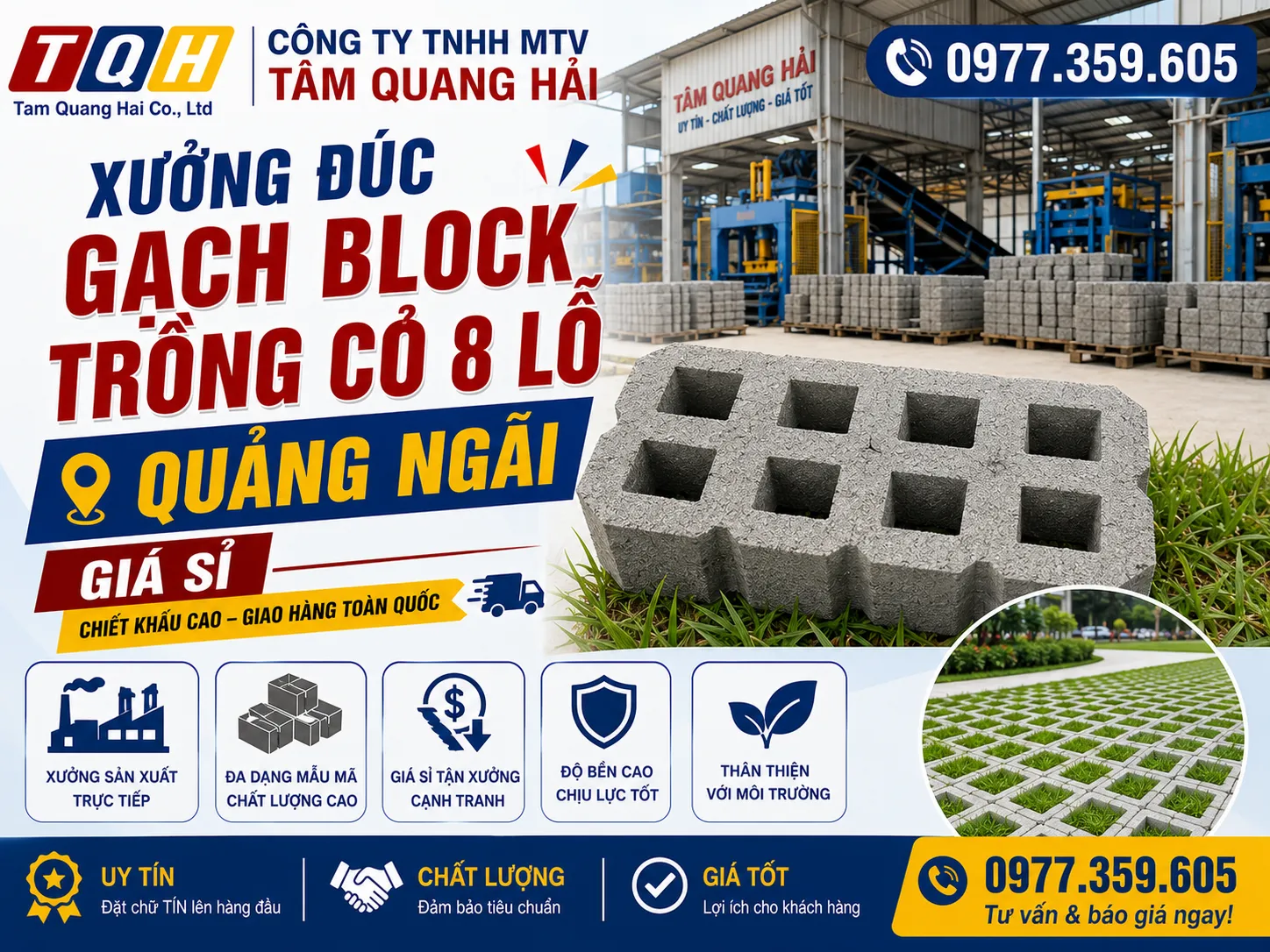 Xưởng đúc gạch block trồng cỏ 8 lỗ Quảng Ngãi giá sỉ